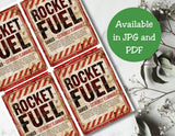 Four 'Rocket Fuel' labels with a green circle indicating availability in JPG and PDF formats.