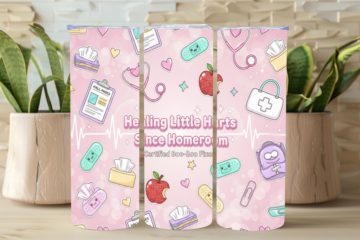 Three tumblers with a pink design featuring medical-themed illustrations on a wooden surface.