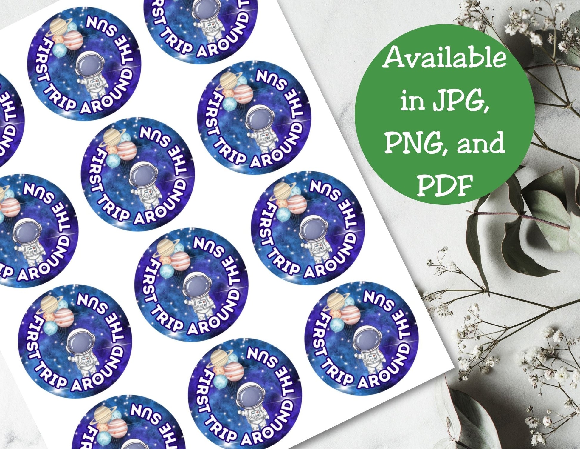 Sticker design with text 'First Trip Around the Sun' on a white background with floral elements.