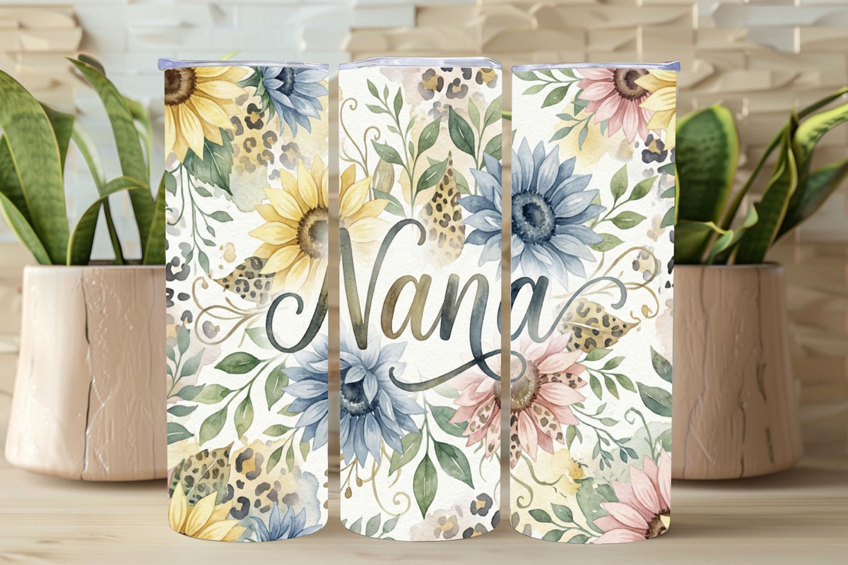 Floral phone case with 'Nana' text on a wooden surface with plants.