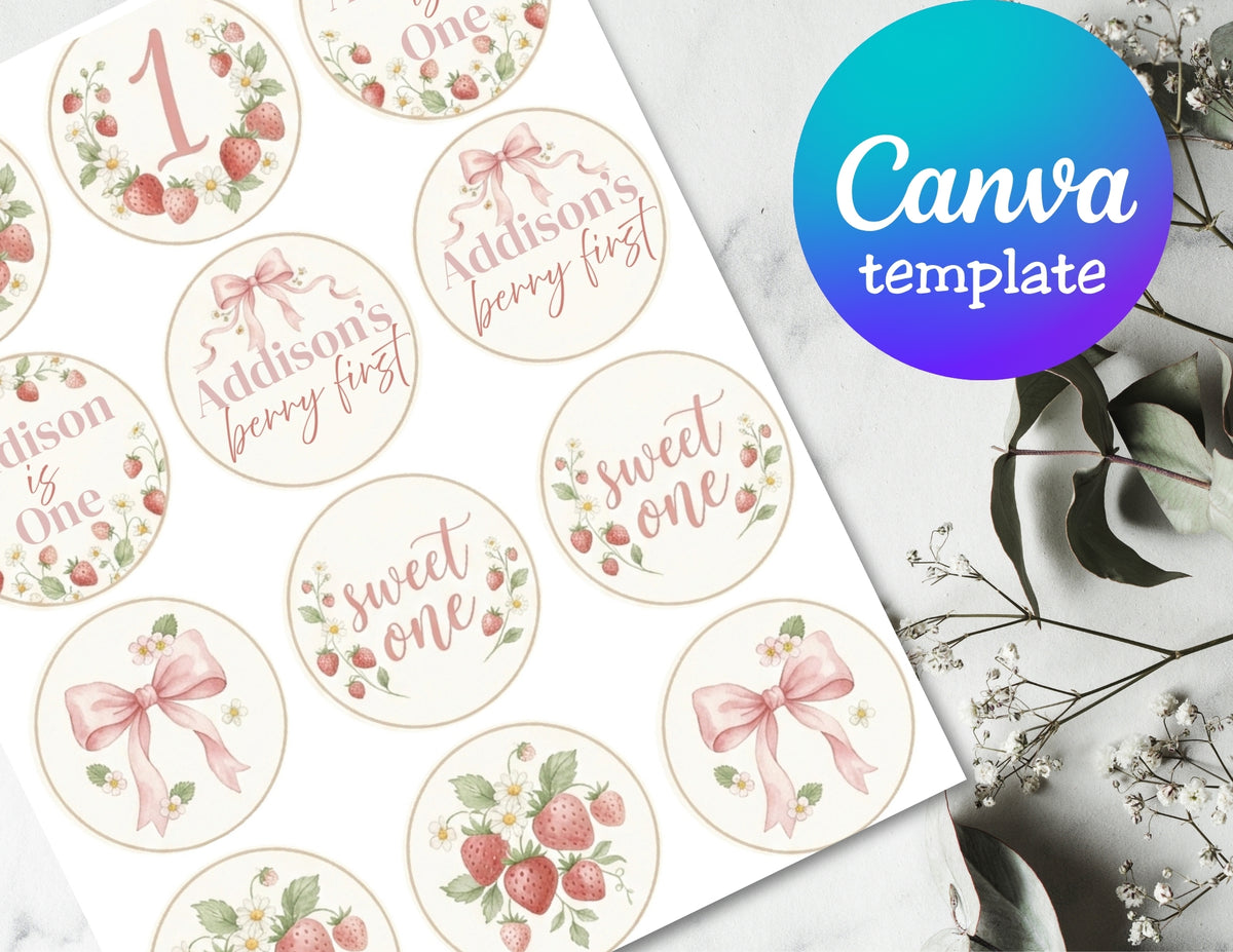 Decorative round stickers with floral and bow designs on a white background, featuring the Canva logo.