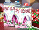 Two tins with Easter designs featuring bunny ears and flowers on a festive background.
