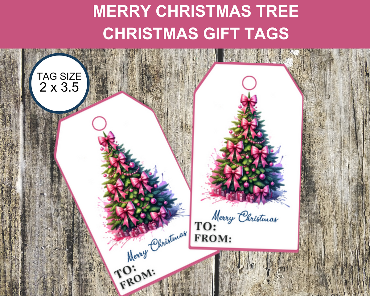 Pink Coquette Bow Christmas Tree Gift Tags Printable