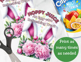 Floral design with text 'Hoppy Juice' and 'An Egg-stra Refreshing Treat', scissors, and a multivitamin package.