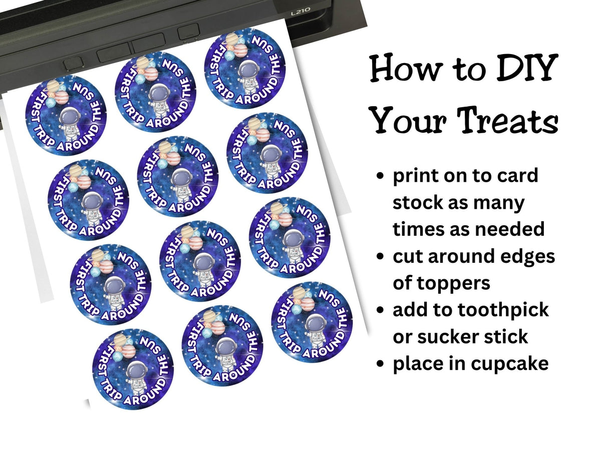 Instructions for DIY treats using printed blue and purple round toppers on a white background.