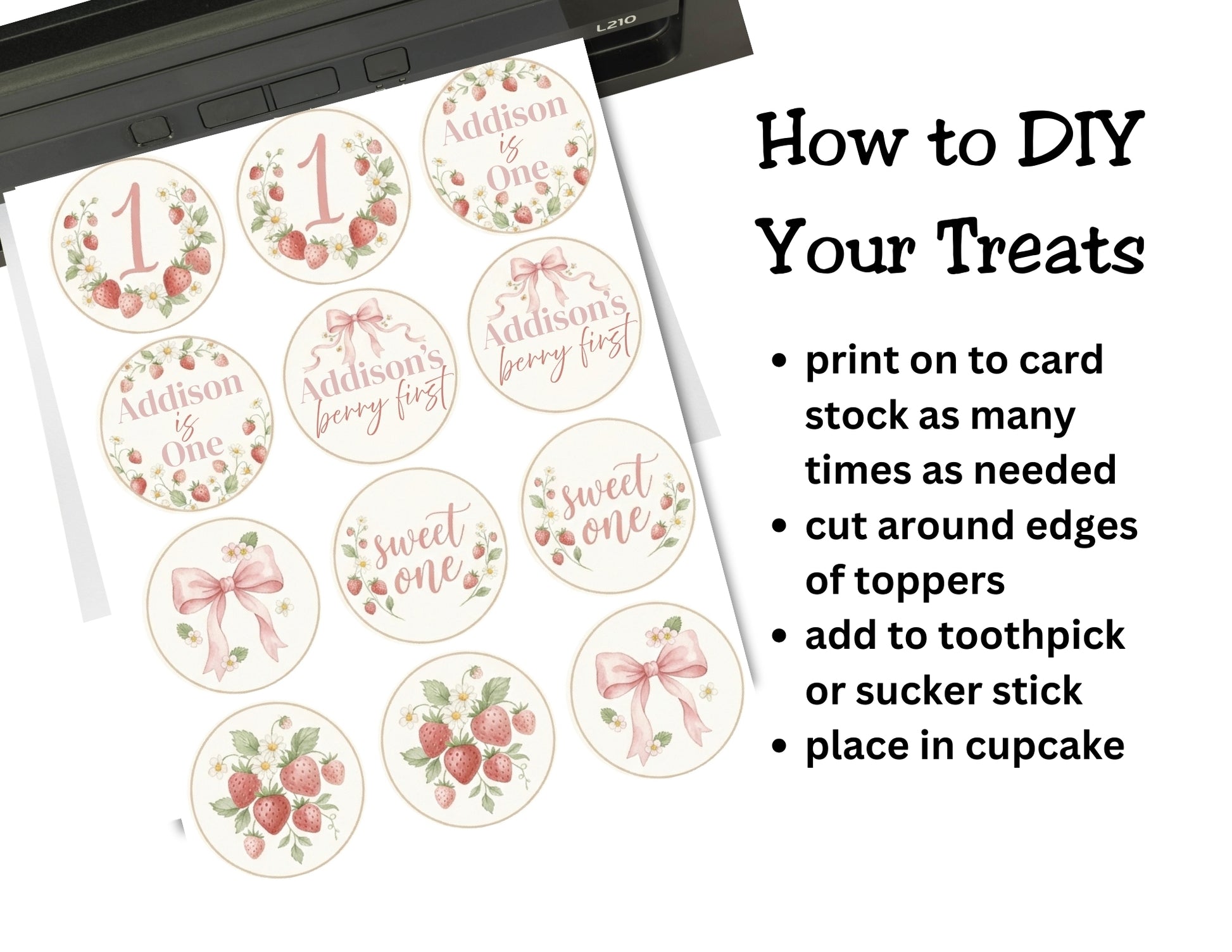 Sheet of decorative toppers with text instructions on a white background