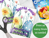 Cartoon Easter egg with 'Easter Juice' text, flowers, and a pair of scissors on a white background.