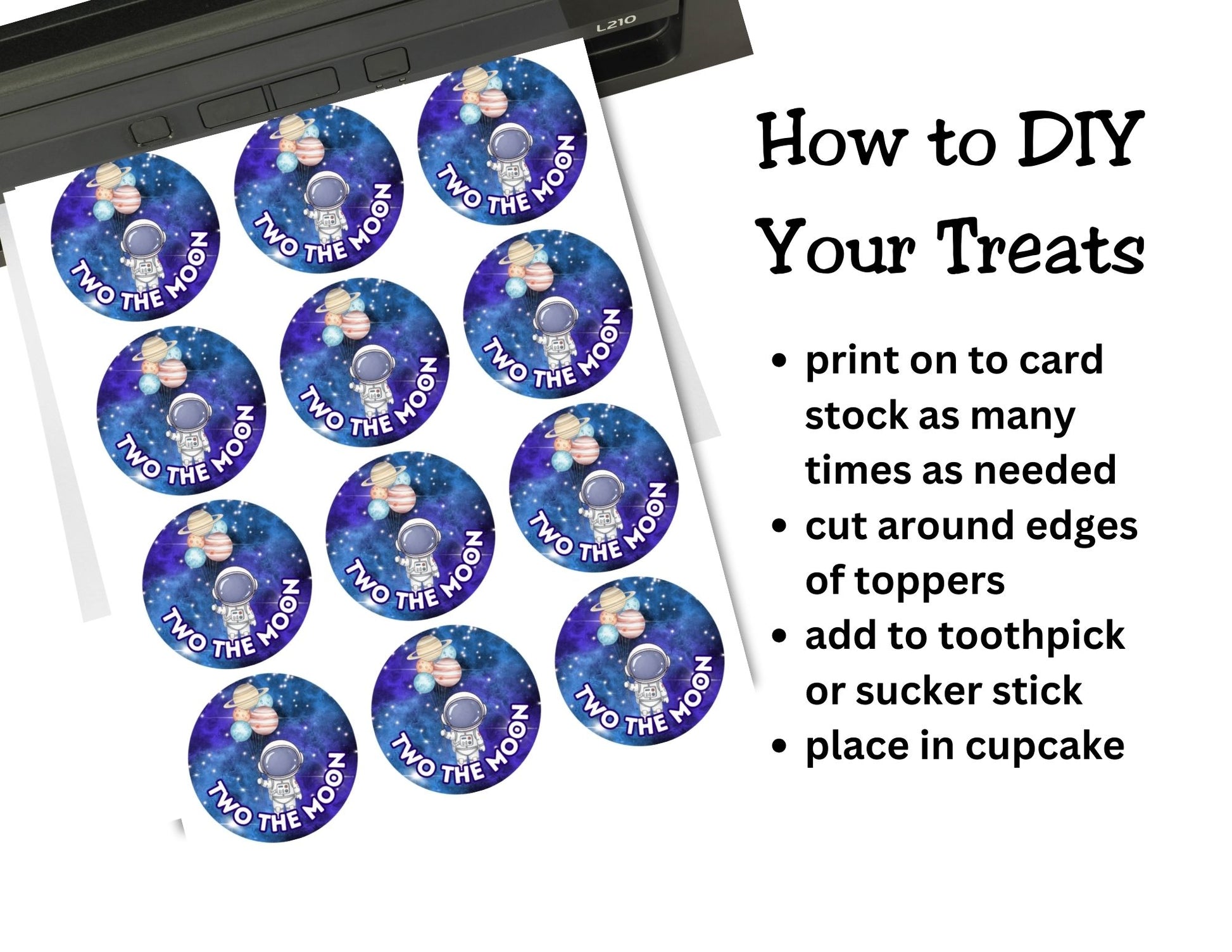 Instructions for DIY treats with printed toppers on a white background