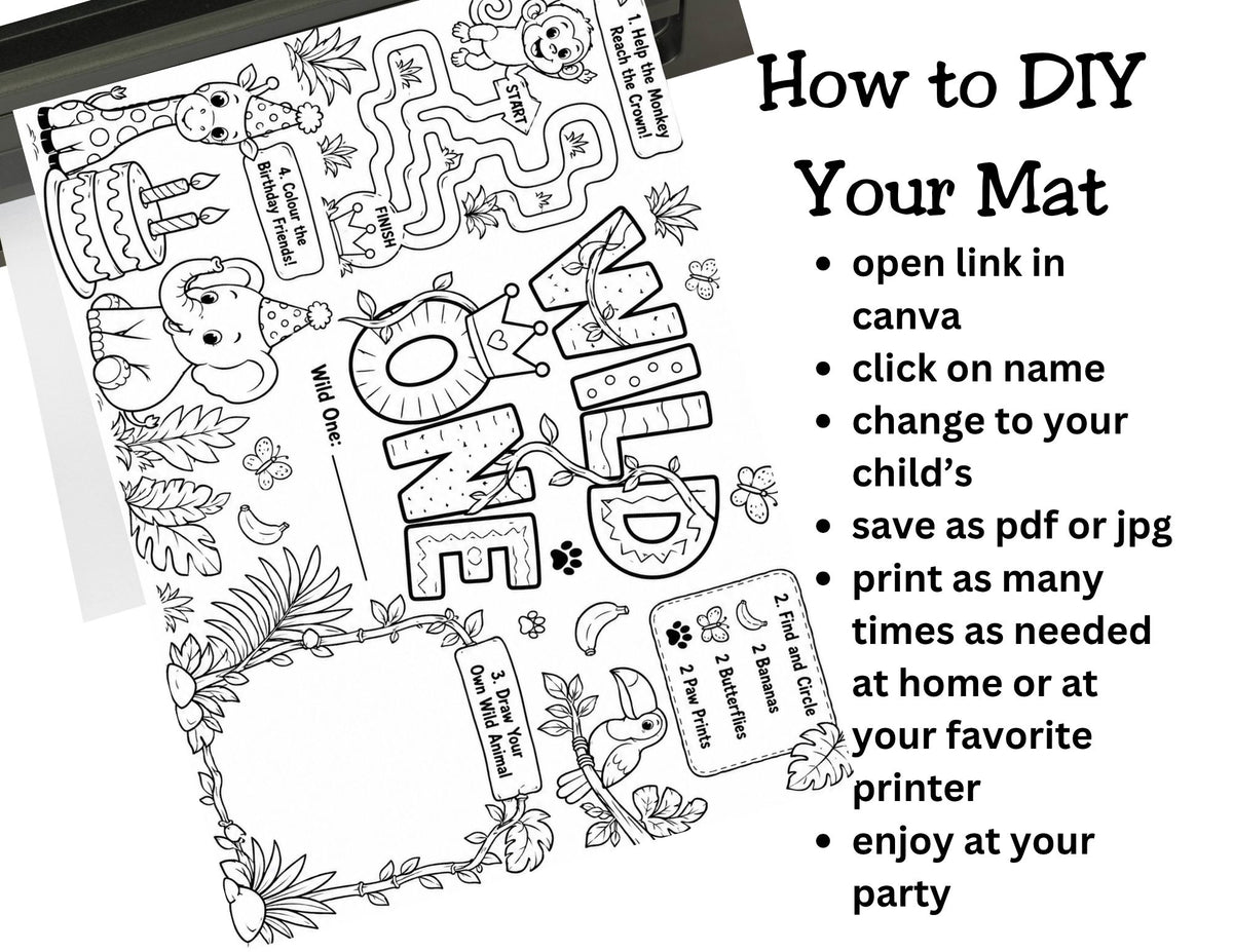 Wild One First Birthday Activity Placemat Printable, Jungle Safari Birthday Activity