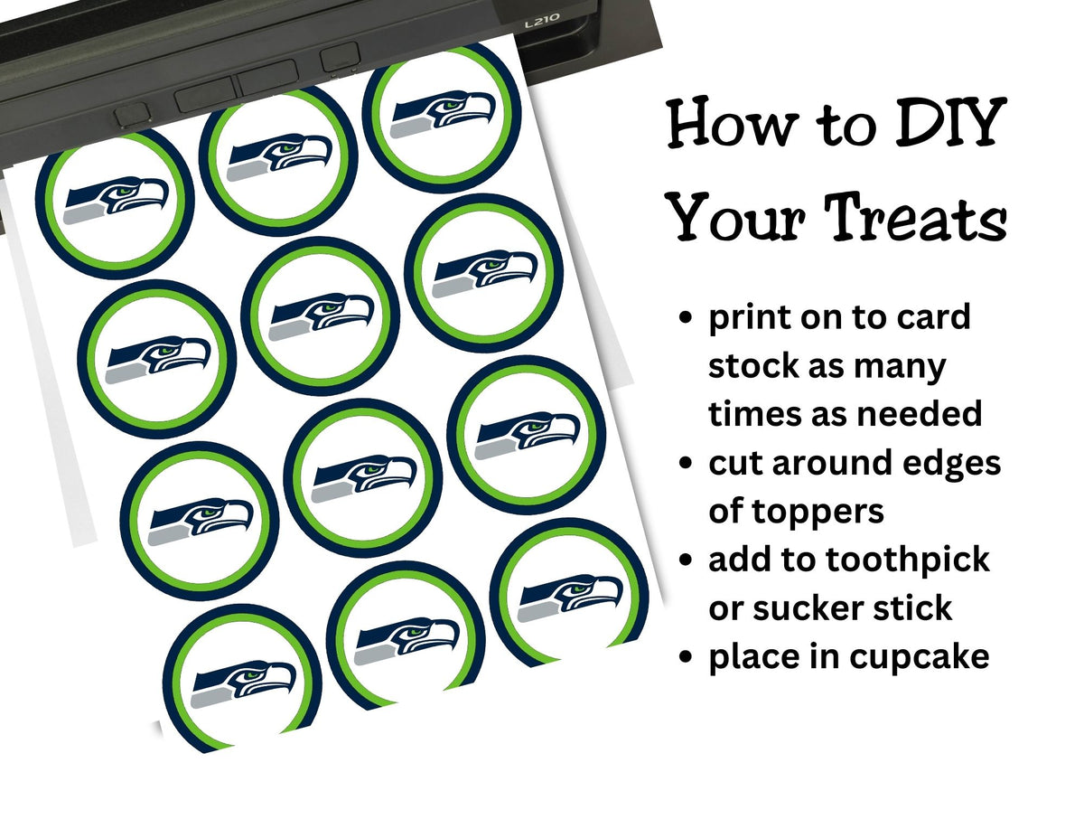 Instructions for DIY cupcake toppers with Seahawks logo on a white background