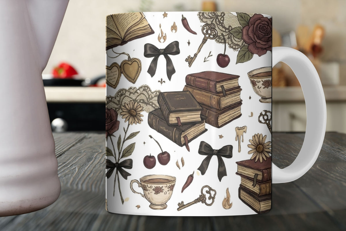 Mug with vintage-style design featuring books, flowers, and other elements on a wooden surface.