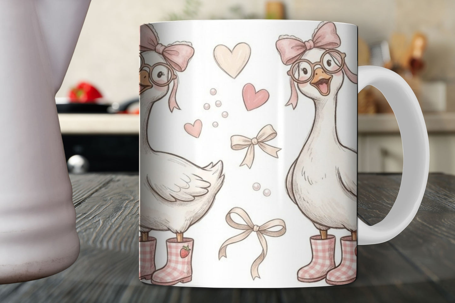 Mug with cartoon ducks design on a wooden surface