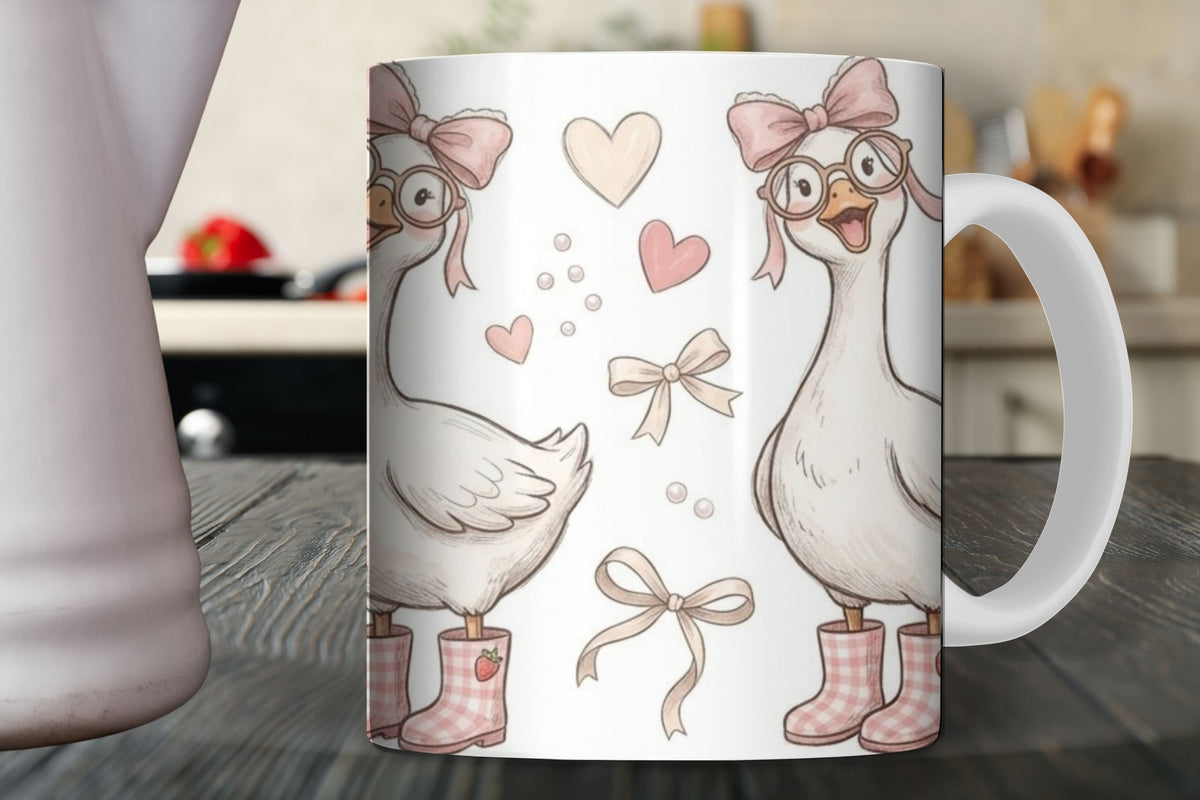 Mug with cartoon ducks design on a wooden surface