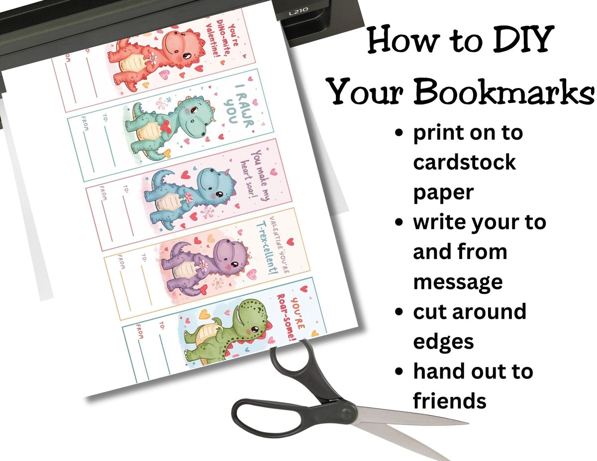Printable Dinosaur Valentine Bookmarks for Kids