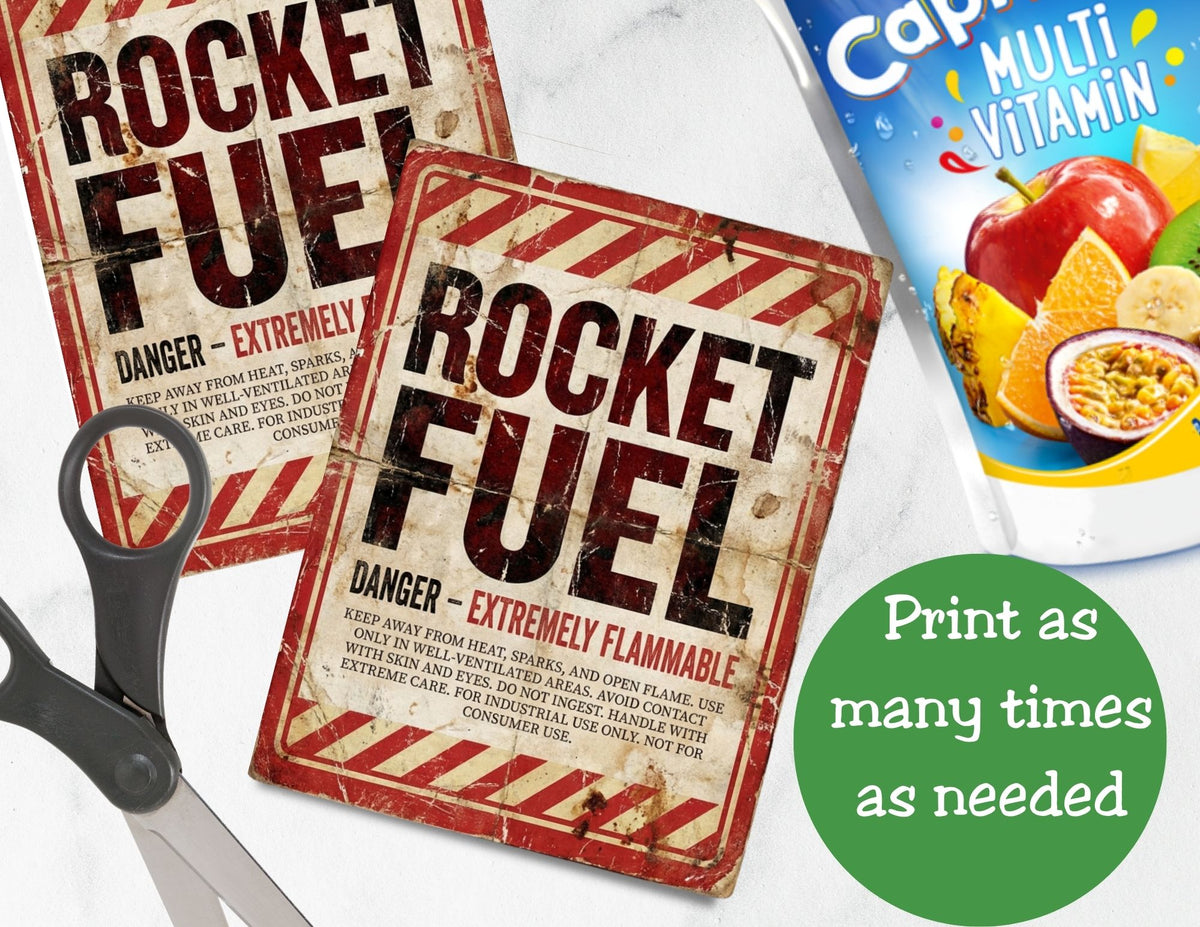 Two 'Rocket Fuel' labels with a 'Capri Sun Multi Vitamin' package in the background.