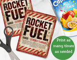 Two 'Rocket Fuel' labels with a 'Capri Sun Multi Vitamin' package in the background.