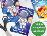 Astronaut-themed juice box with space background, scissors, and a multivitamin package.