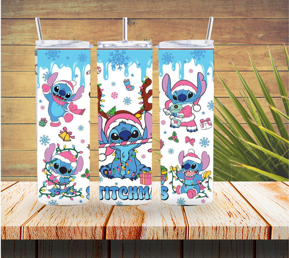 Pink and Blue Stitchmas 3D Christmas 20 ounce Stainless Steel Tumbler   *621