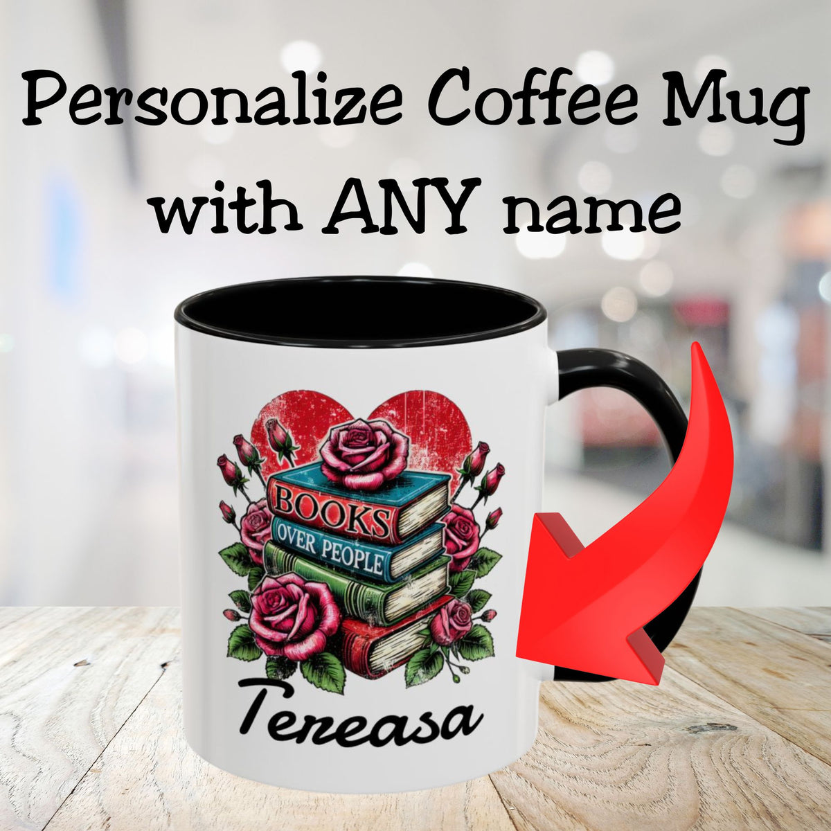 Books over People Book Stack with Roses Personalized Mug