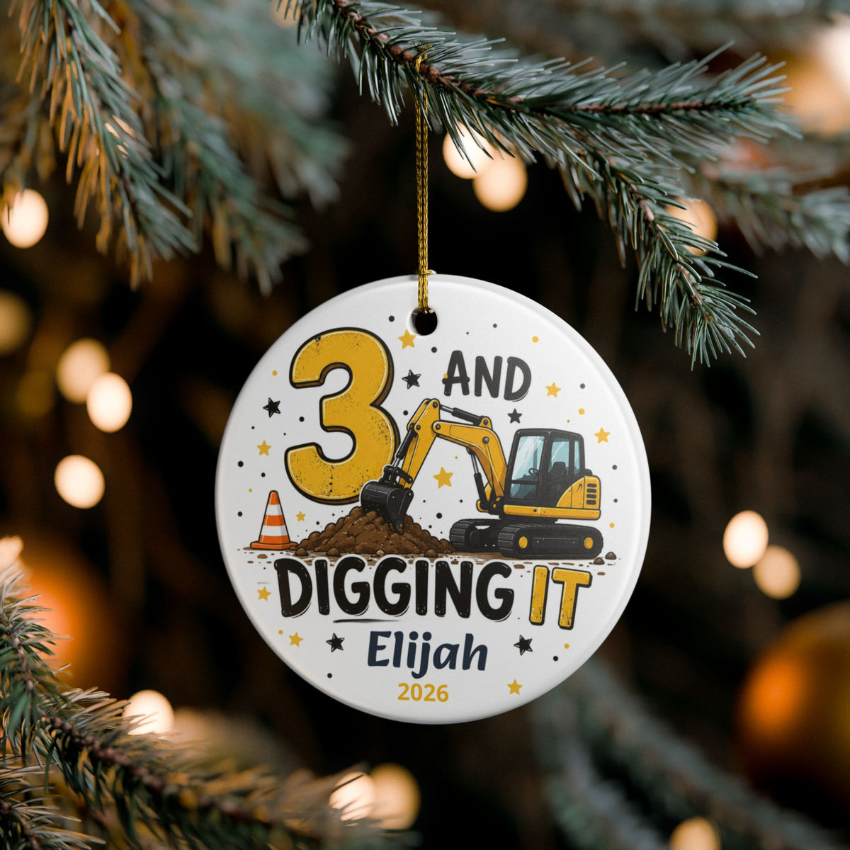 Personalized 3 And Digging It Ornament, 3rd Birthday Ornament, Construction Ornament, Excavator Birthday Gift, Third Birthday Keepsake