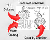 Thanksgiving Activity Placemats for Kids, Printable Thanksgiving Games, Kids Table Activities