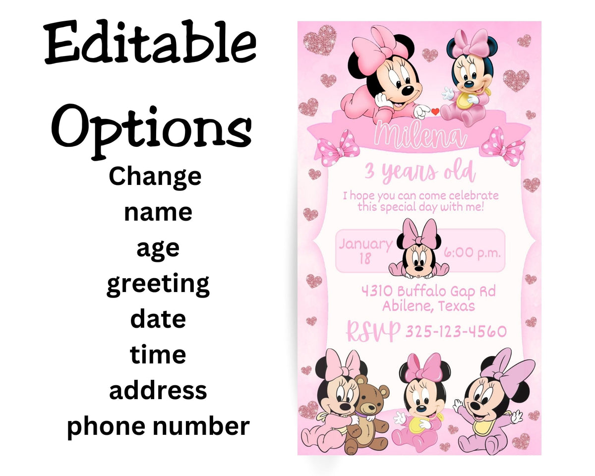 Baby Minnie Mobile Party Invitation Editable Canva Link