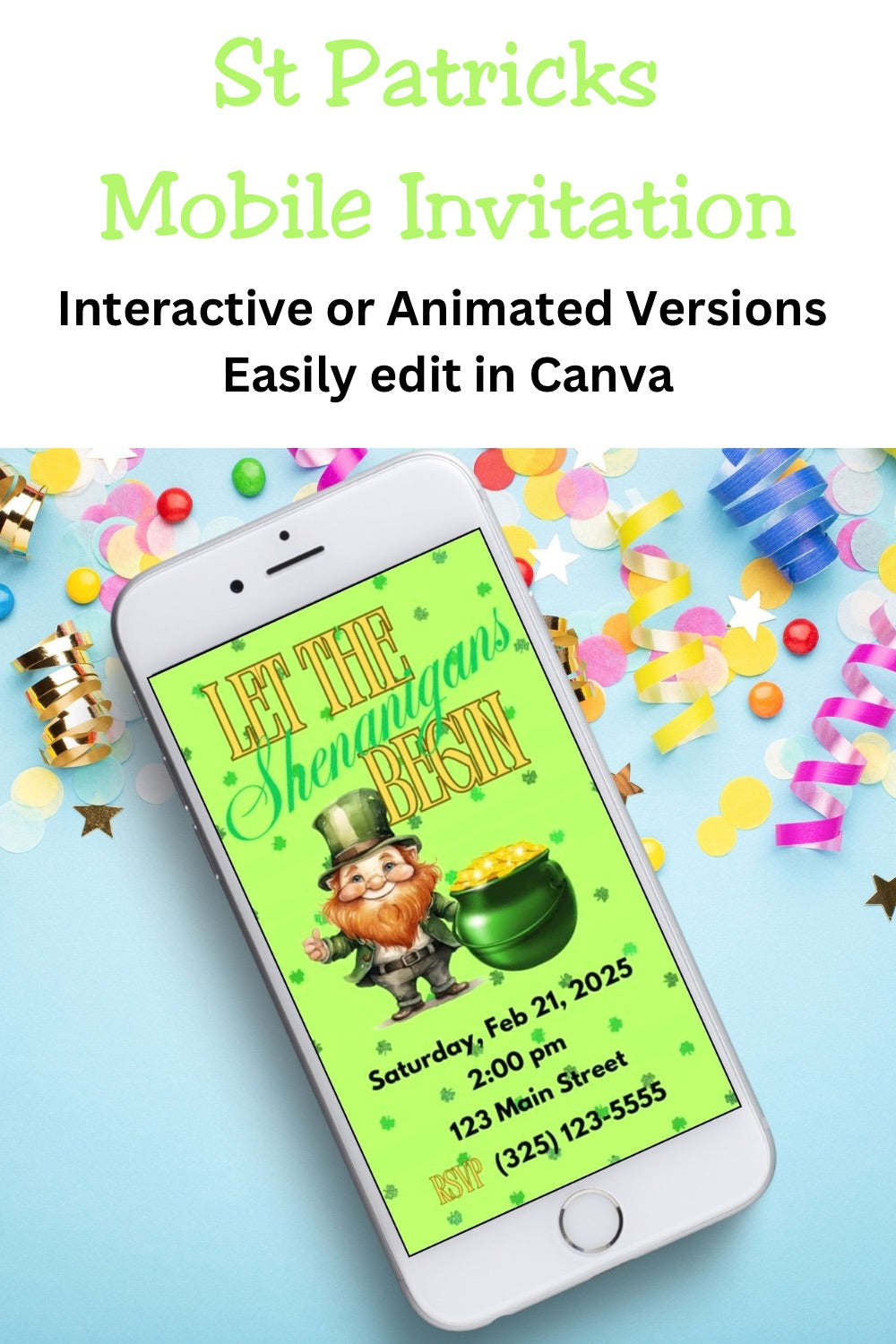 Let the Shenanigans Begin Mobile Party Invitation Editable Canva Link