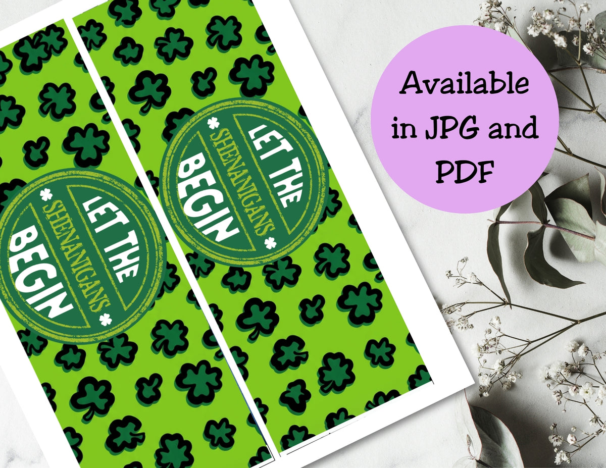 Green paper with shamrock pattern and 'Let the Shenanigans Begin' text, available in JPG and PDF formats.