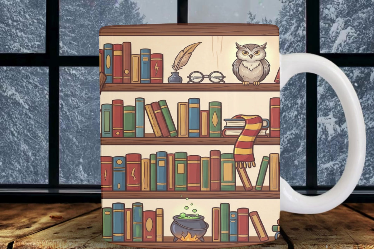 Mug with a design of books, an owl, and a scarf on a wooden surface.