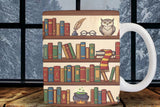 Mug with a design of books, an owl, and a scarf on a wooden surface.