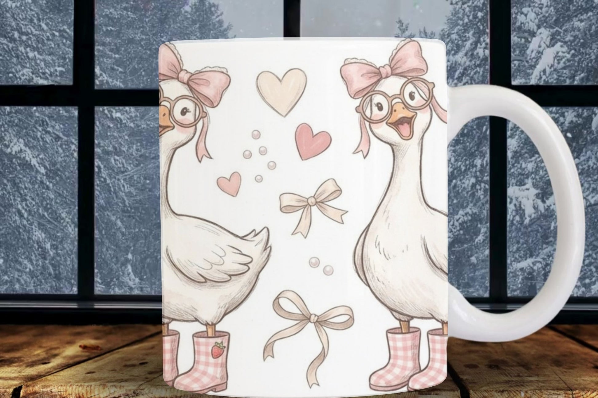 Mug with cartoon duck design featuring bows and hearts on a wooden surface.