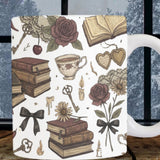 Mug with decorative design of books, flowers, and other elements on a wooden surface.