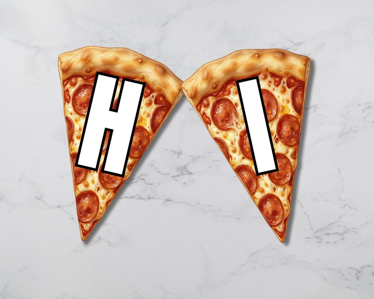 Two pizza slices with letters 'H' and '!' on a marble background