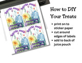 Easter-themed juice pouch labels with instructions on how to use them.