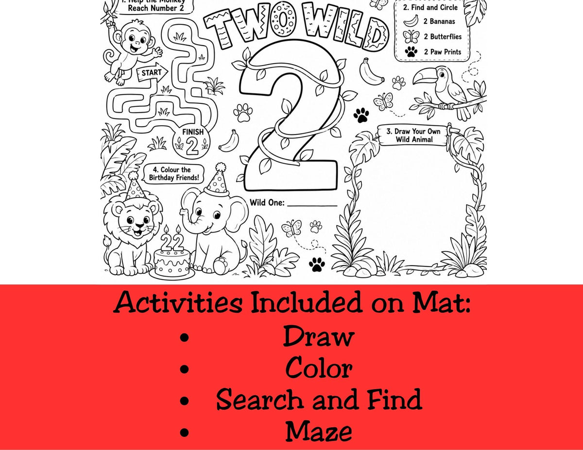 Two Wild Second Birthday Activity Placemat Printable, Jungle Safari Birthday Activity