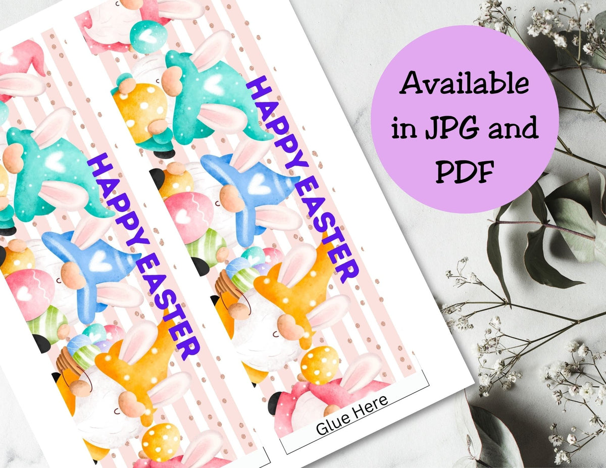 Colorful 'Happy Easter' stickers on a white card with decorative elements.
