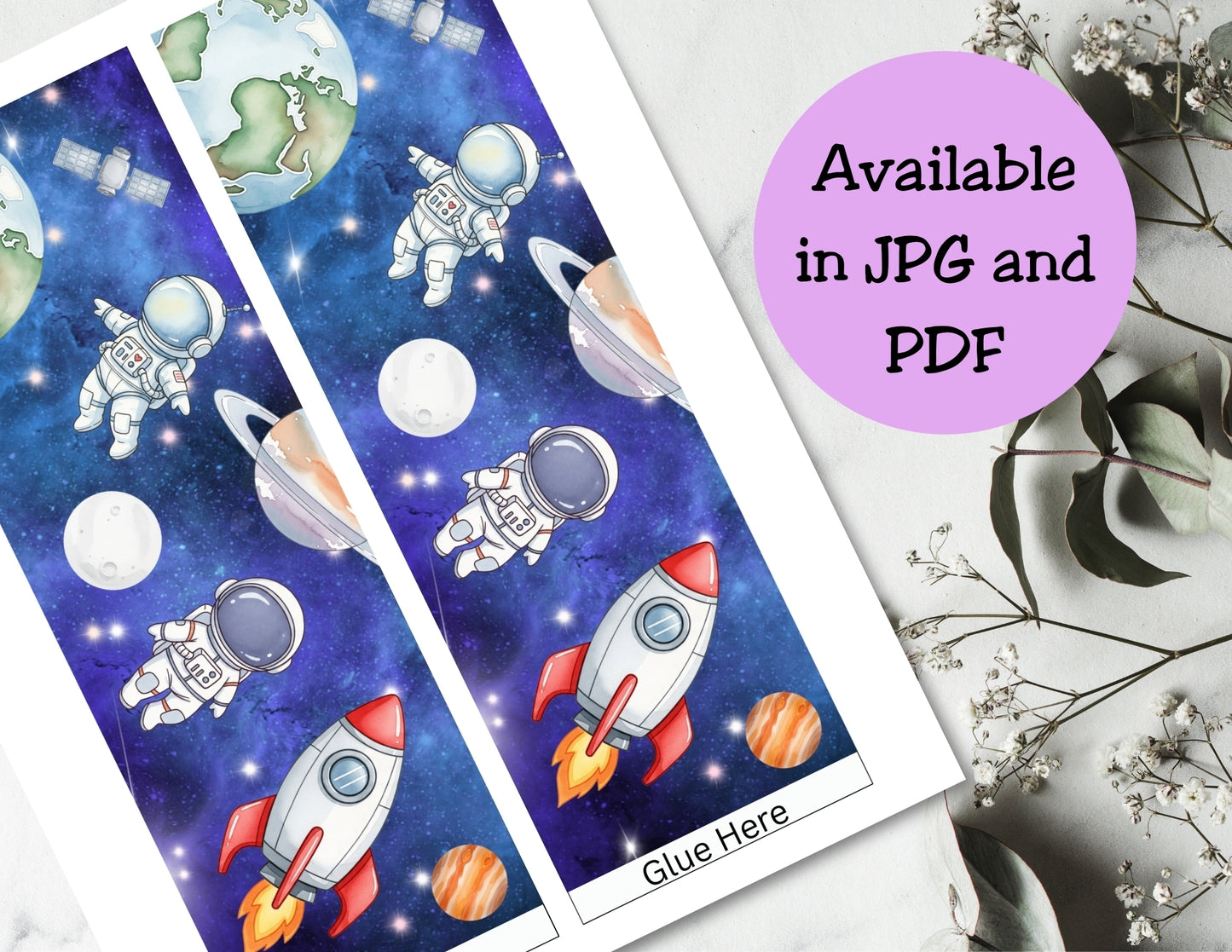 Space-themed stickers with astronauts, rockets, and planets on a white card, with text indicating availability in JPG and PDF formats.