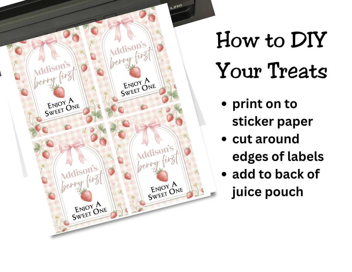 Sheet of personalized labels with decorative elements and text, with instructions on how to use them.