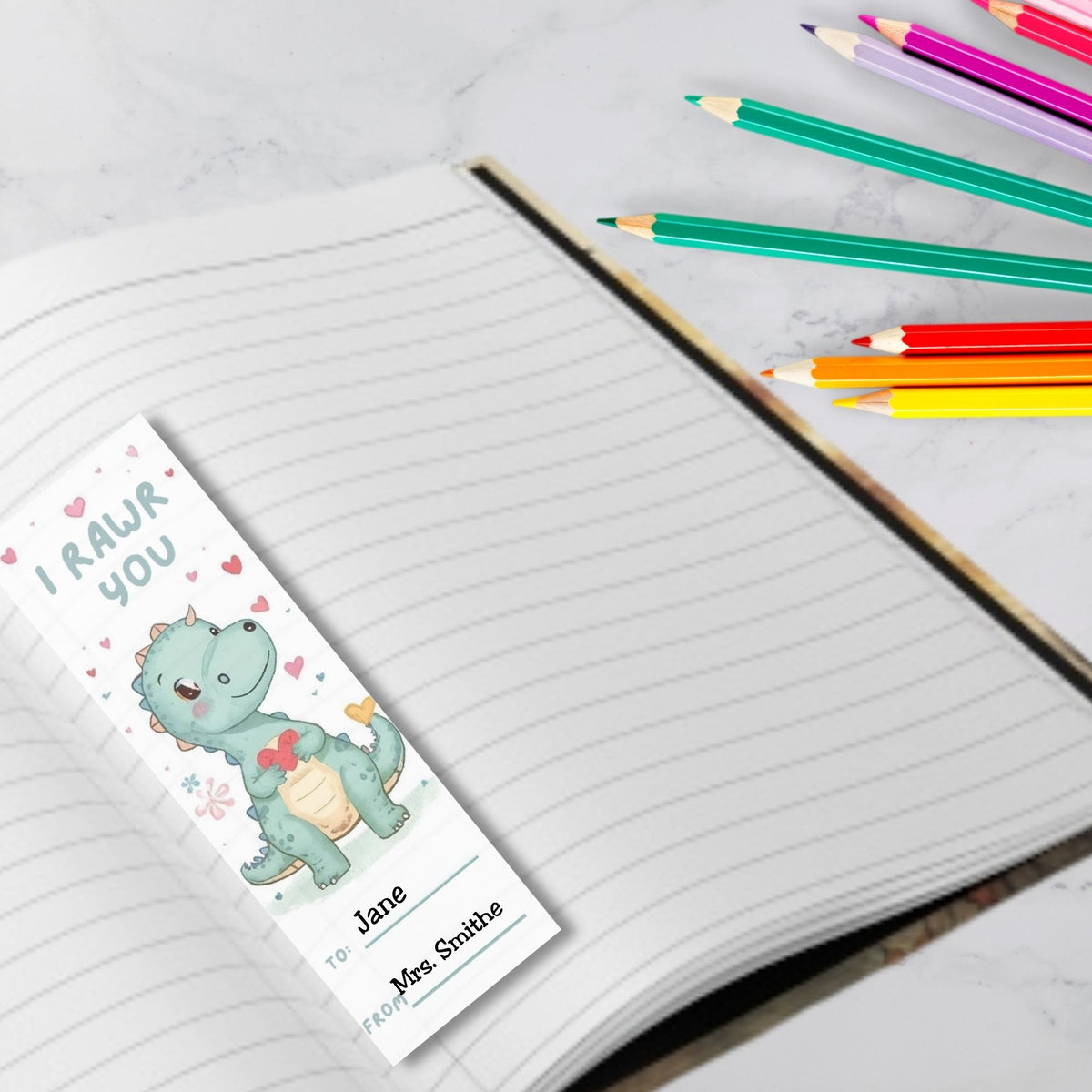 Printable Dinosaur Valentine Bookmarks for Kids