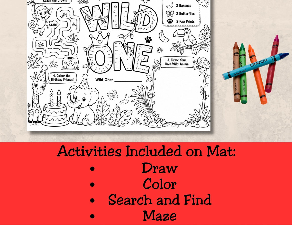 Wild One First Birthday Activity Placemat Printable, Jungle Safari Birthday Activity