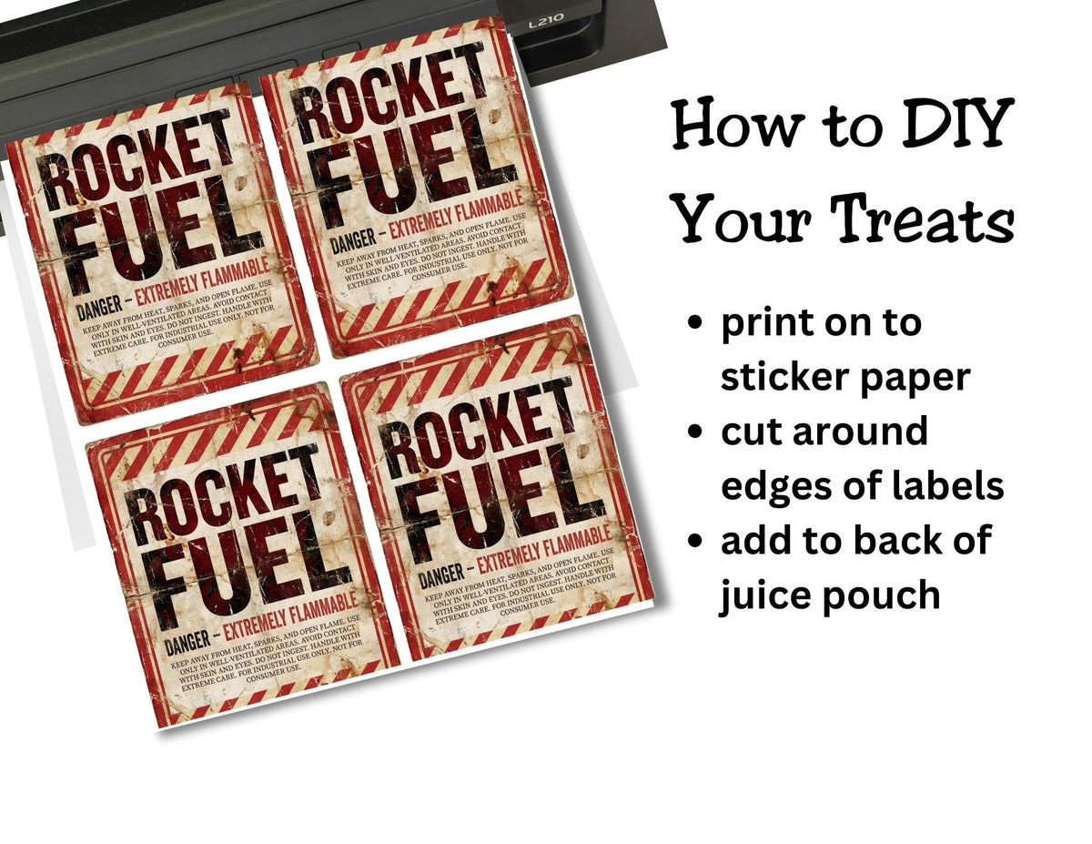 Four 'Rocket Fuel' label templates with instructions on how to use them.