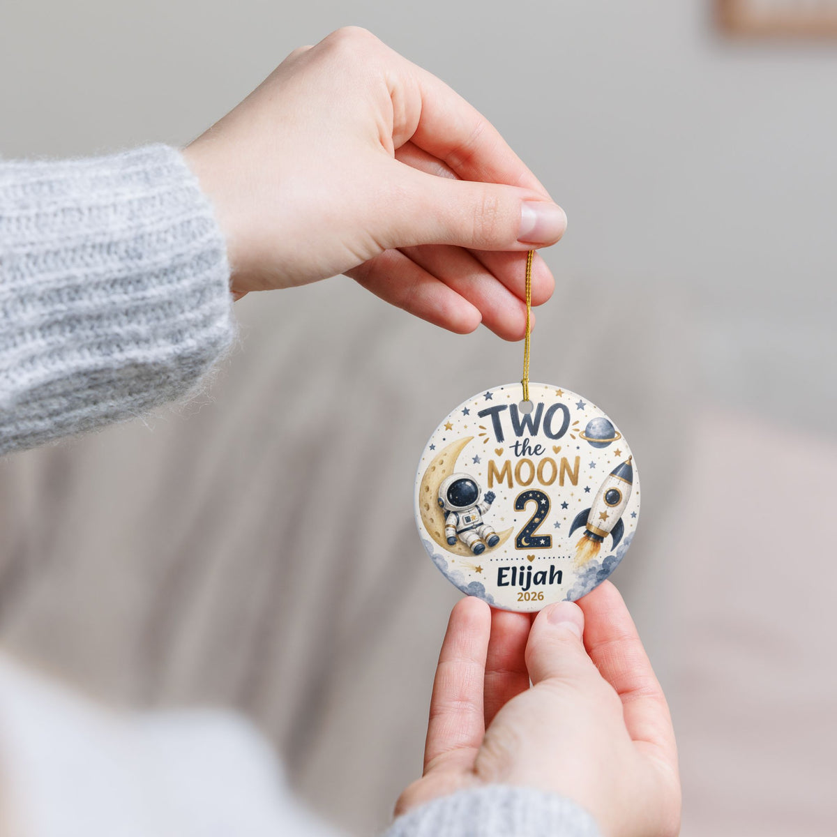 Two the Moon Personalized Ornament, 2nd Birthday Ornament, Space Birthday Keepsake, Custom Name Ornament, Astronaut Birthday Gift