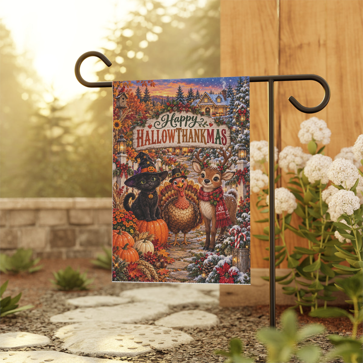 Happy Hallowthankmas Garden Flag, Halloween Thanksgiving Christmas Yard Decor, Black Cat Turkey Reindeer Flag