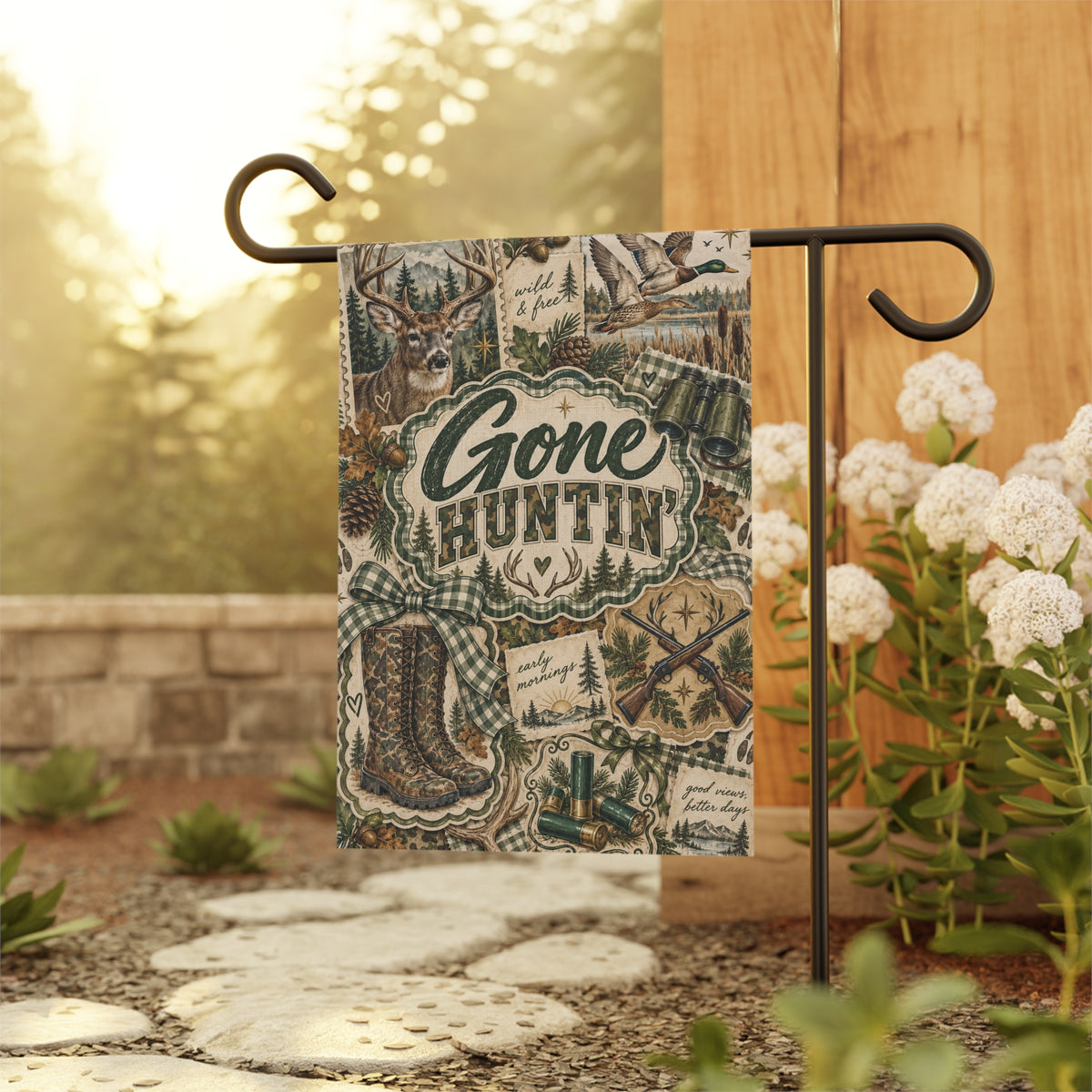 Gone Huntin Garden Flag, Hunting Gift for Men and Women, Deer Duck Outdoor Decor, Fall Garden Flag, 12x18 Yard Flag