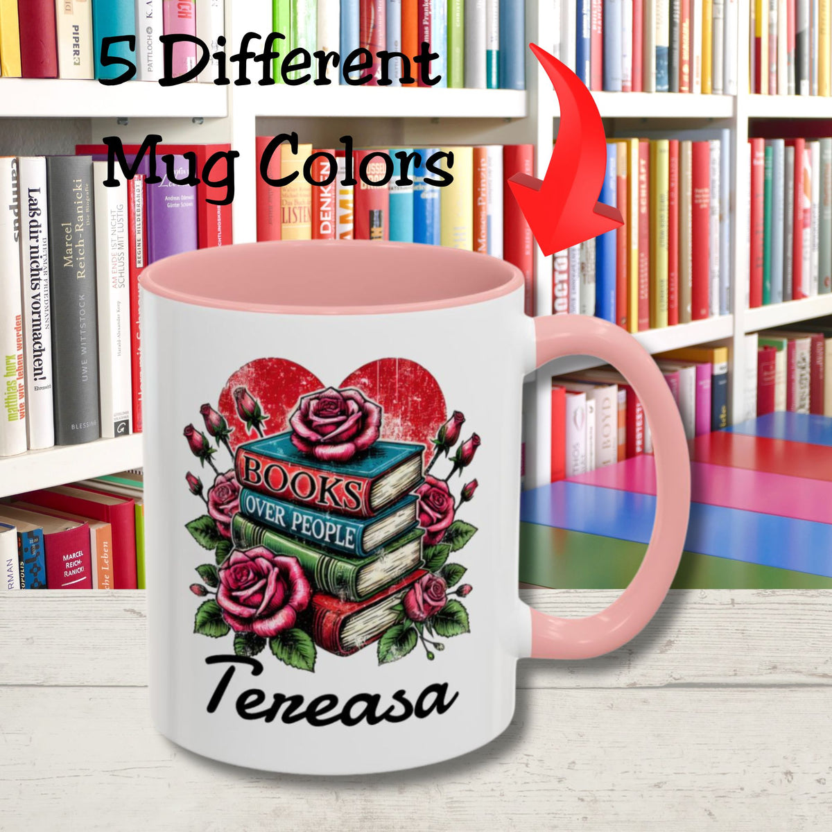 Books over People Book Stack with Roses Personalized Mug
