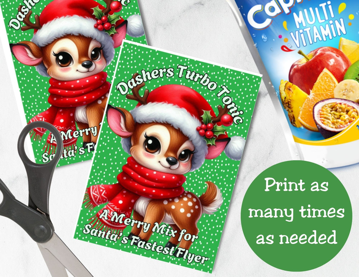 Reindeer Capri Sun Labels – Printable Christmas Drink Pouch Stickers for Kids