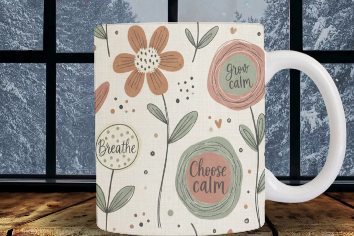 Mug with floral design and motivational phrases on a wooden surface with a window pane background.