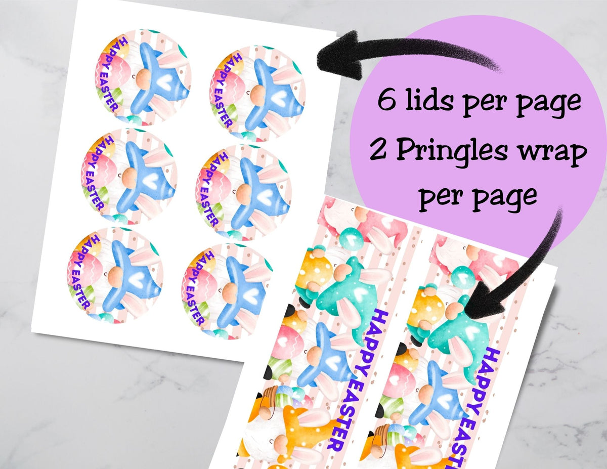 Sheet of decorative lids with 'Happy Easter' text on a white background