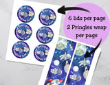 Sheet of stickers with space-themed designs and text, showing 6 lids and 2 Pringles wraps per page.