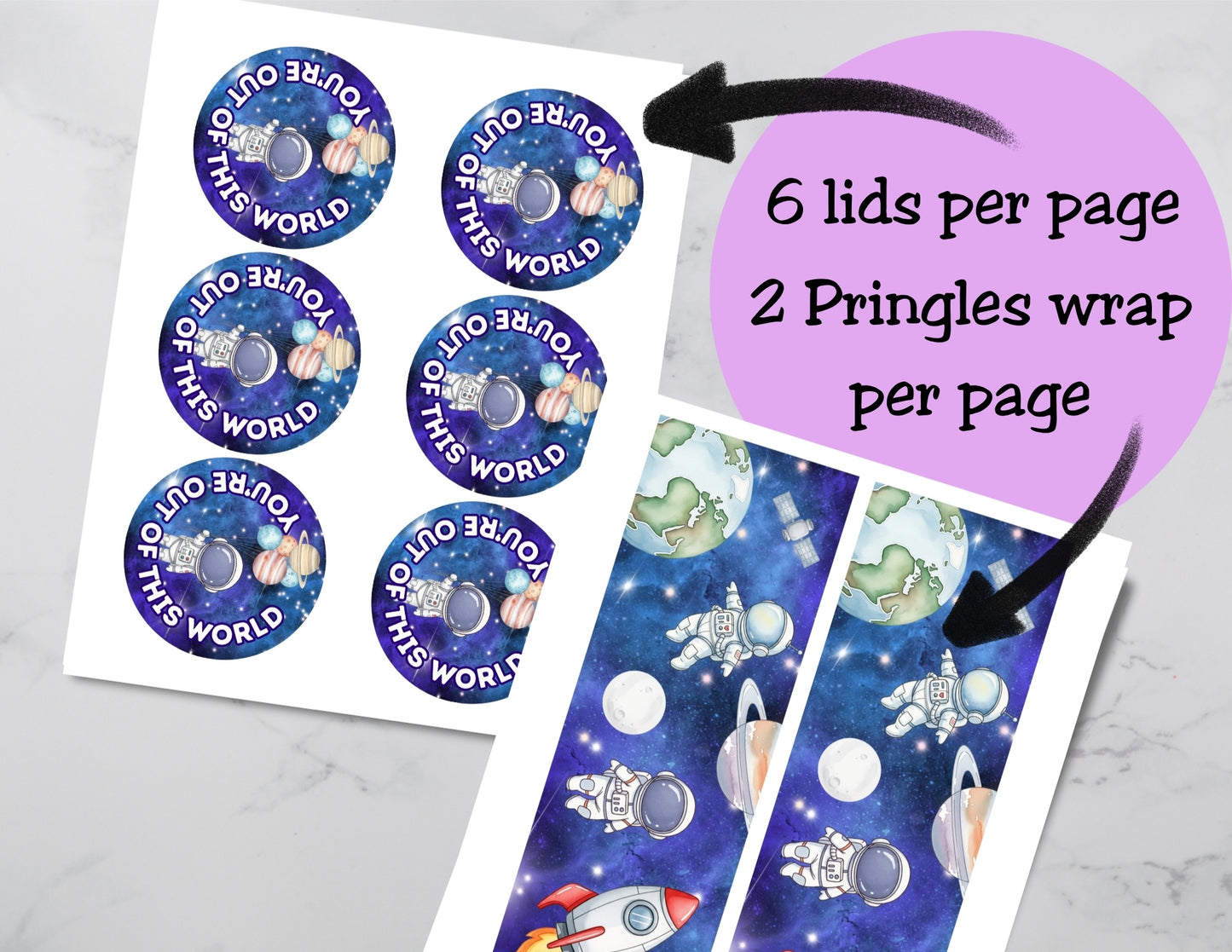 Sheet of stickers with space-themed designs and text, showing 6 lids per page and 2 Pringles wrap per page.
